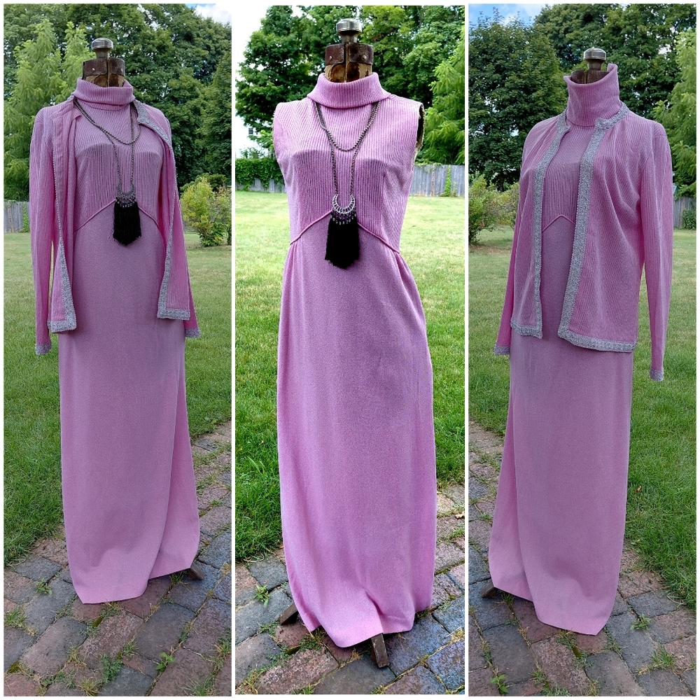 Vintage 60s cardigan sweater & maxi dress pink & metallic silver - 2 piece set